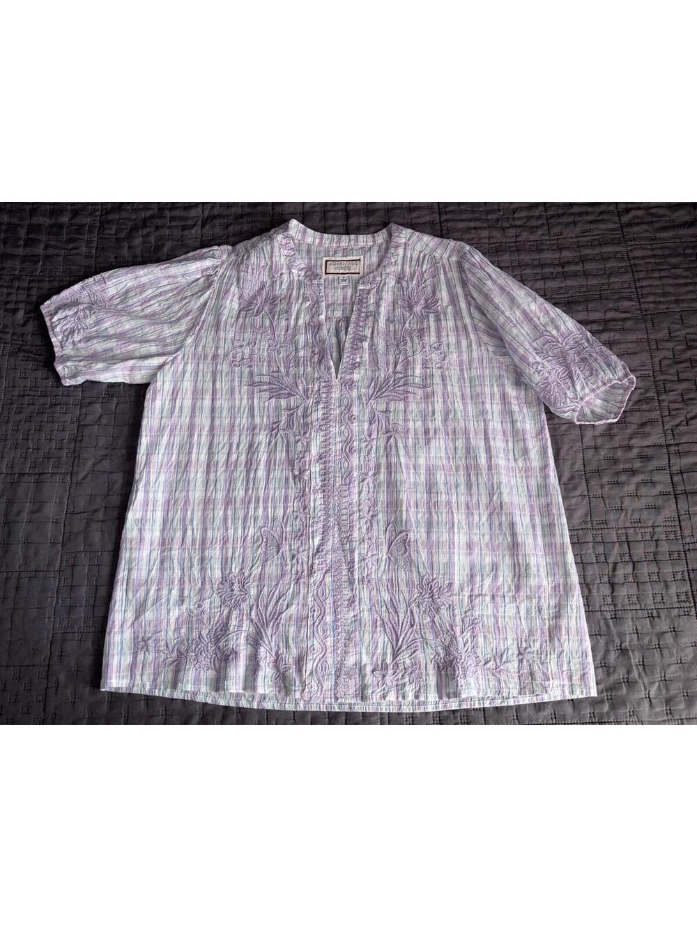 Johnny Was Malo Puff Sleeve Top Blouse Lilac Embroidered Bird Floral Women's Sml